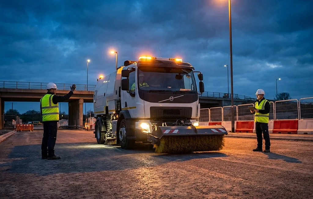 Technician performing sweeping services at a commercial site in Greenfield