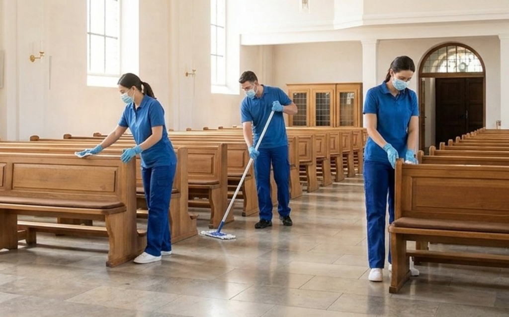 Cleaner maintaining sanctuary cleaning services for church in Atlanta