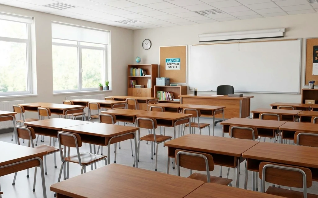 Staff providing school cleaning services in Atlanta in classroom