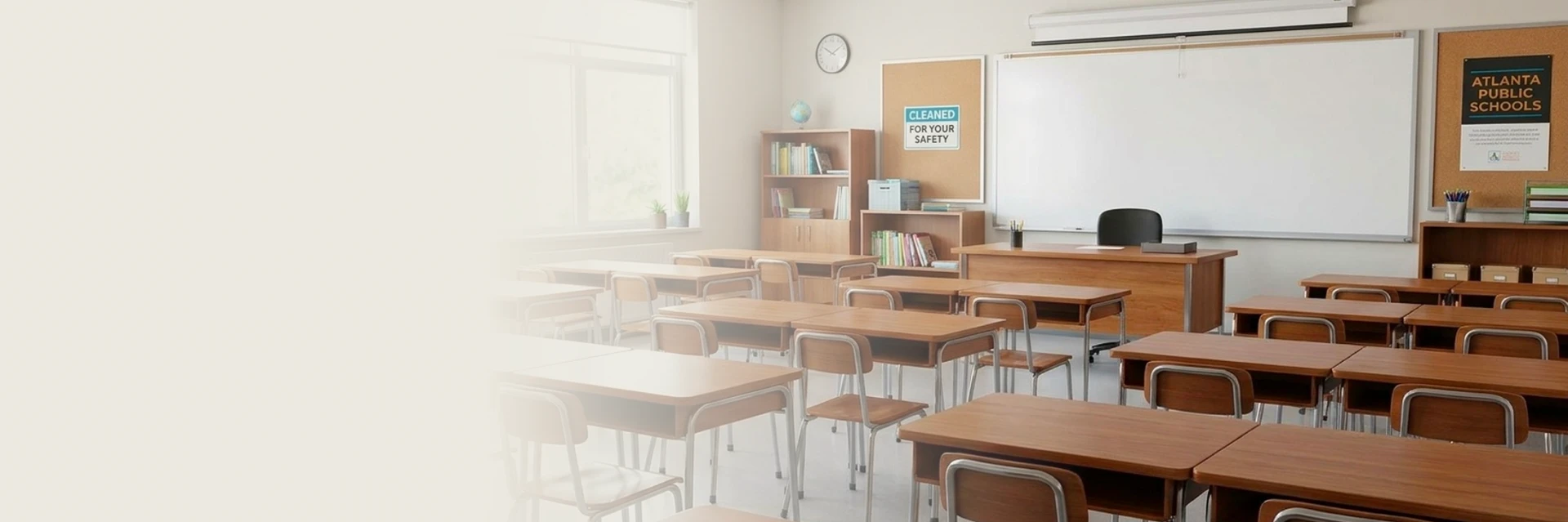 Staff providing school cleaning services in Atlanta in classroom