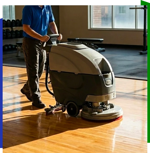 Staff completing gym cleaning services in Atlanta fitness studio