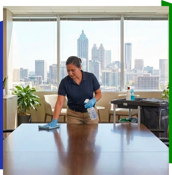 Worker managing residential cleaning services in Atlanta apartment