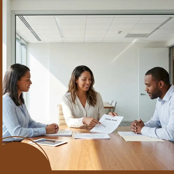 Office scene highlighting independent associate legal plans information sharing.