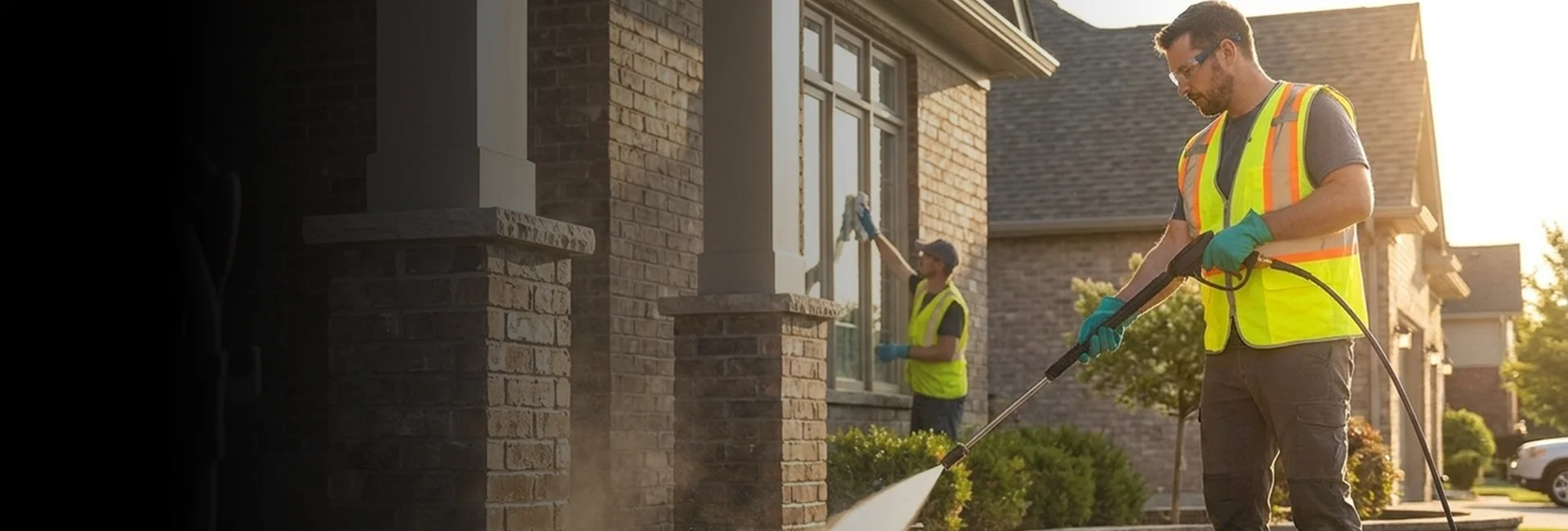 Technician performing pressure washing service in Atlanta on a driveway