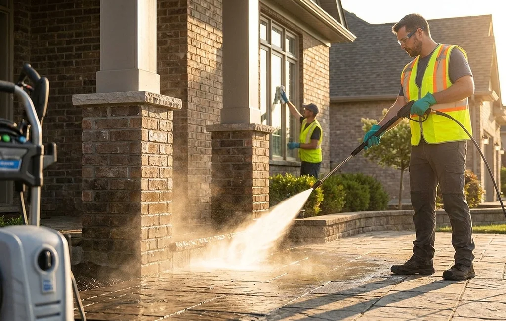 Technician performing pressure washing service in Atlanta on a driveway