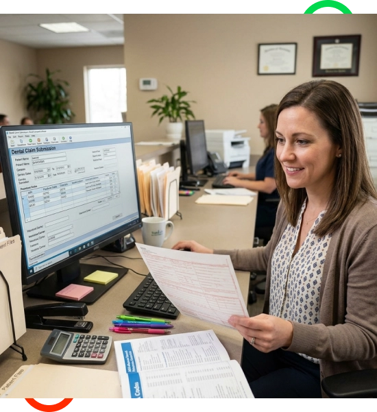 Dental administrators verifying insurance details in Plantation, Florida