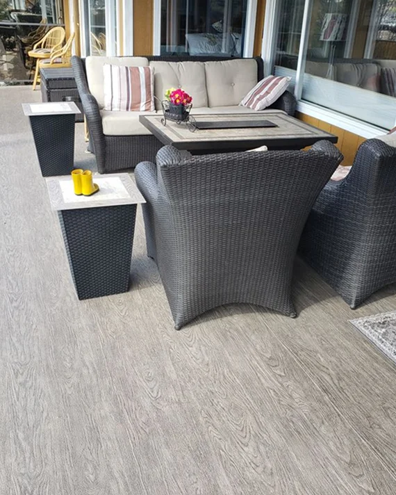 Vinyl waterproof deck installation showing clean finish and coastal-resilient design