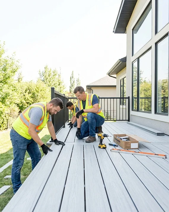 Homeowners enjoying vinyl deck installation services in Parksville near the coast