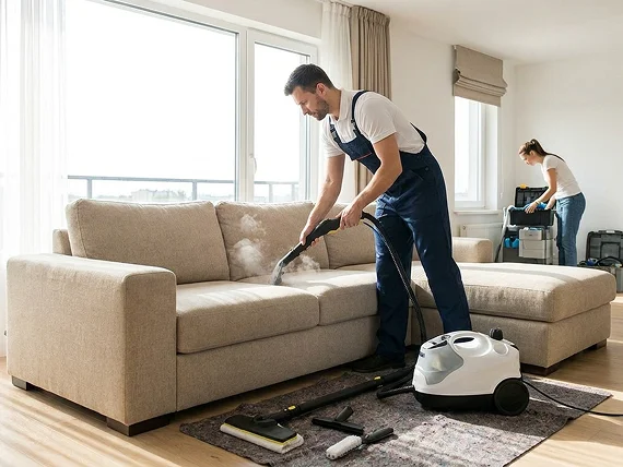 Professional upholstery cleaning of a fabric sofa — upholstery cleaning services