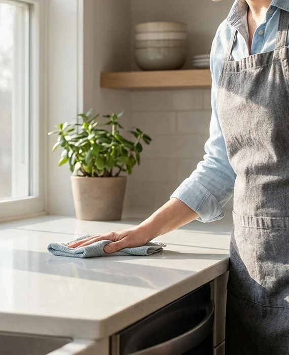 Cleaner refreshing a sunlit living room during a recurring visit — routine home cleaning service