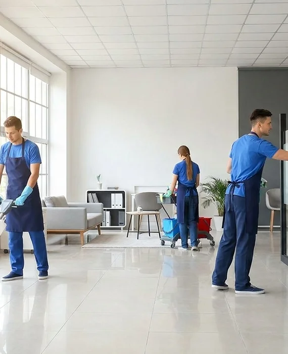 Cleaner refreshing a sunlit living room during a recurring visit — routine home cleaning service