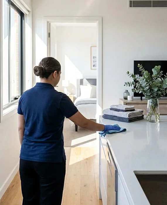 Tidy modern apartment living room after a thorough small-space cleaning — apartment and small space cleaning service