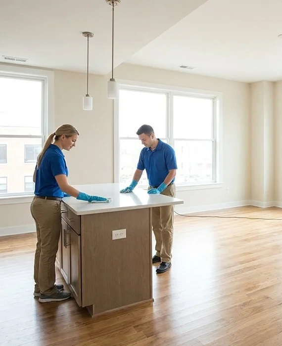 Cleaner refreshing a sunlit living room during a recurring visit — routine home cleaning service