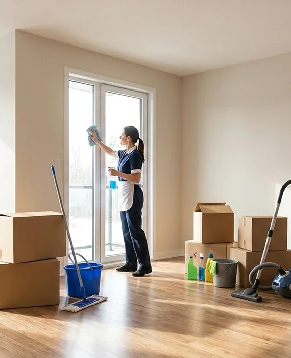 Cleaner refreshing a sunlit living room during a recurring visit — routine home cleaning service