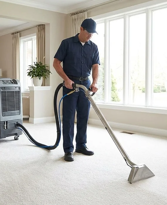 Cleaner refreshing a sunlit living room during a recurring visit — routine home cleaning service