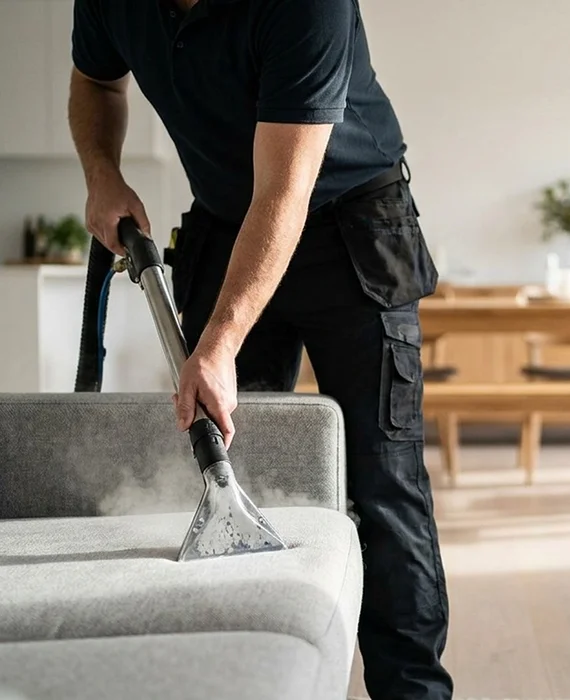 Cleaner refreshing a sofa with deep upholstery cleaning service