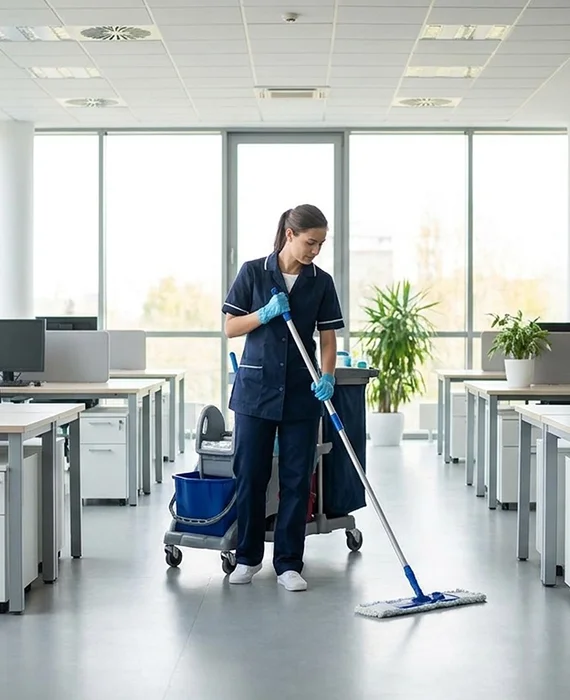 Cleaner refreshing a professional office workspace during routine maintenance cleaning