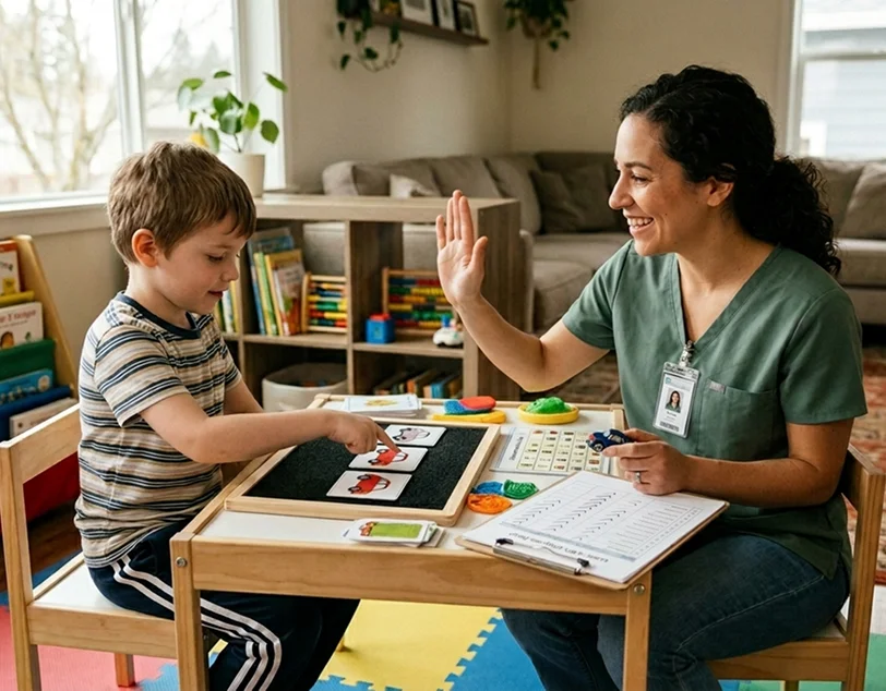 Therapist providing home-based ABA therapy in a family living room