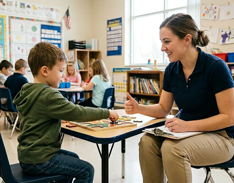 Therapist supporting classroom success through ABA therapy in schools