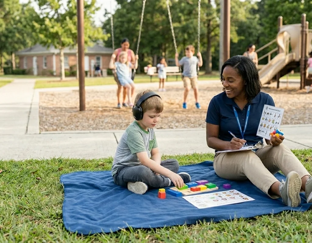 Child practicing social skills through community-based ABA therapy in Sun City