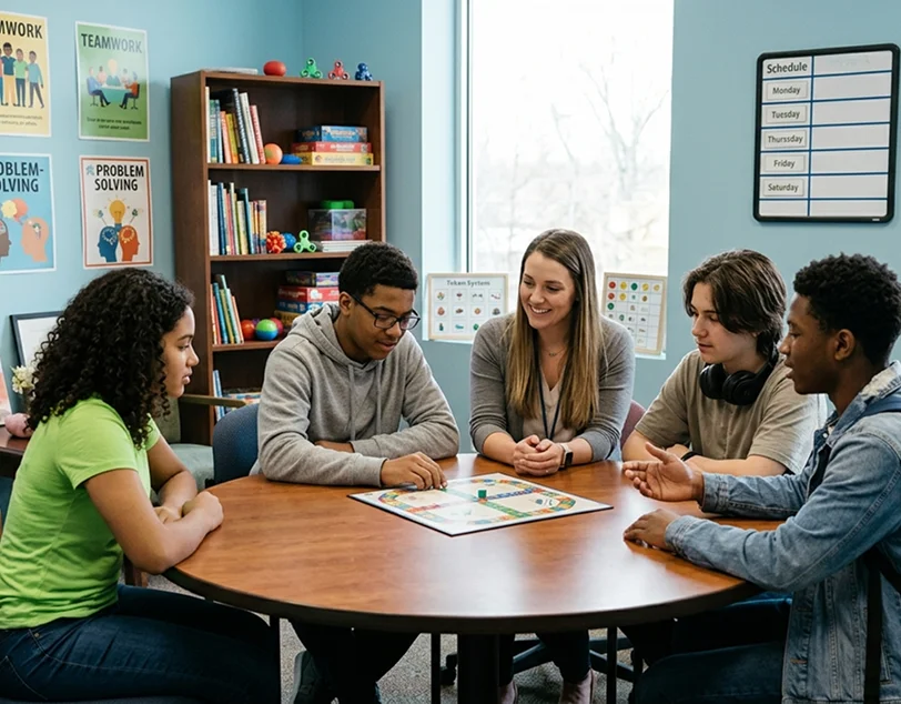 Therapist supporting communication during autism therapy for teenagers