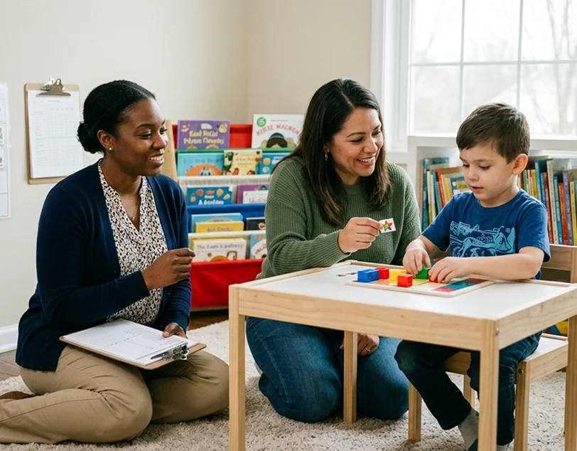 Family participating in ABA parent training with a therapist