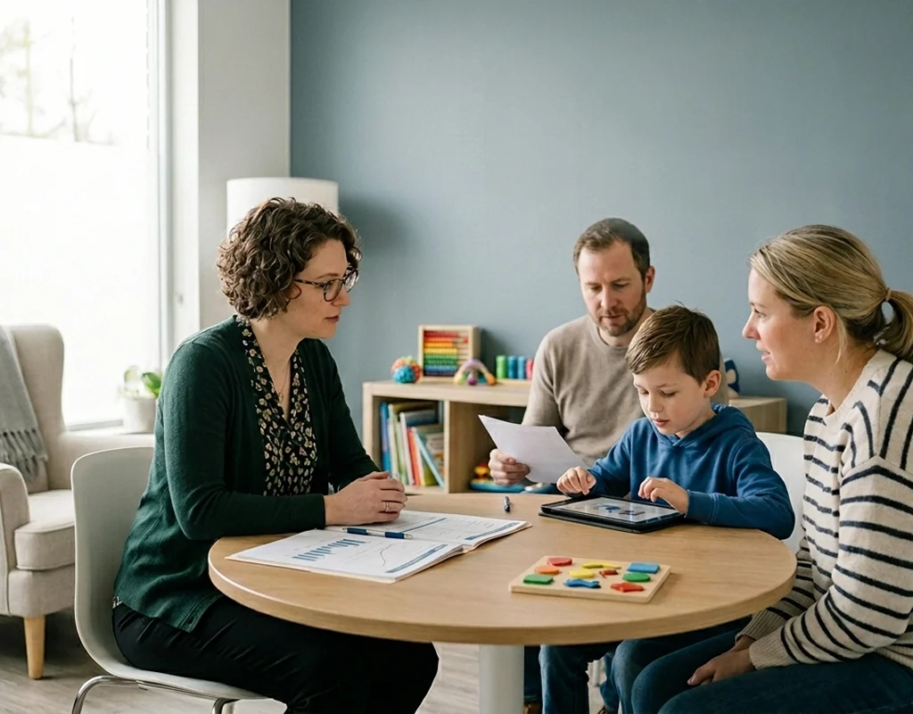 Family attending autism assessments in Sun City with a therapist