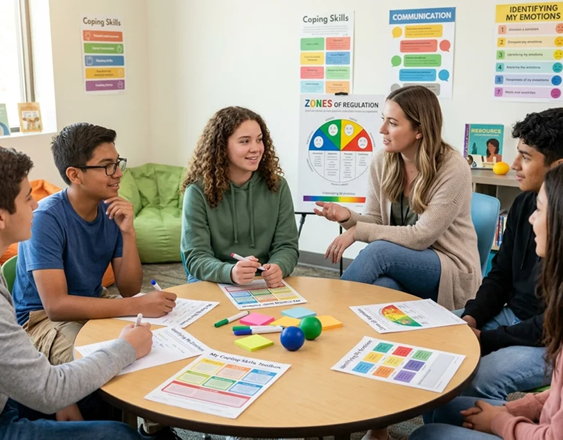 Family discussing goals for ABA therapy for teens with a therapist