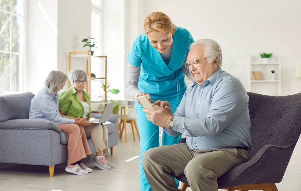 Senior discussing personalized care options with caregiver