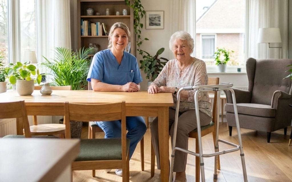 Caregiver assisting a senior during a professional home visit.