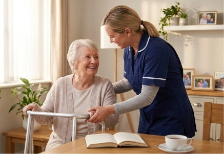 Companion helping an older adult during daily routines in California.
