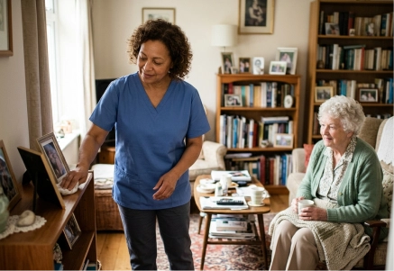 Senior relaxing at home with support in Woodland Hills, CA.