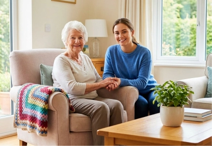 Caregiver assisting with mobility support inside a California home.