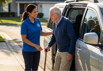 Caregiver assisting a senior with in-home care services in California.