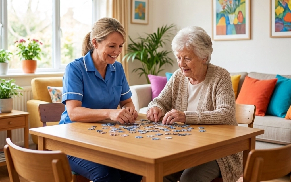 Caregiver supporting dementia home care services in California.