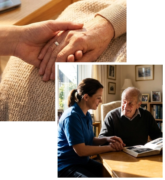 Senior receiving compassionate Alzheimer's home care services indoors.