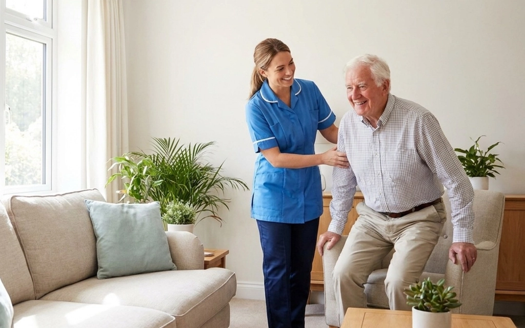 Live-in caregiver in California assisting with morning routines.
