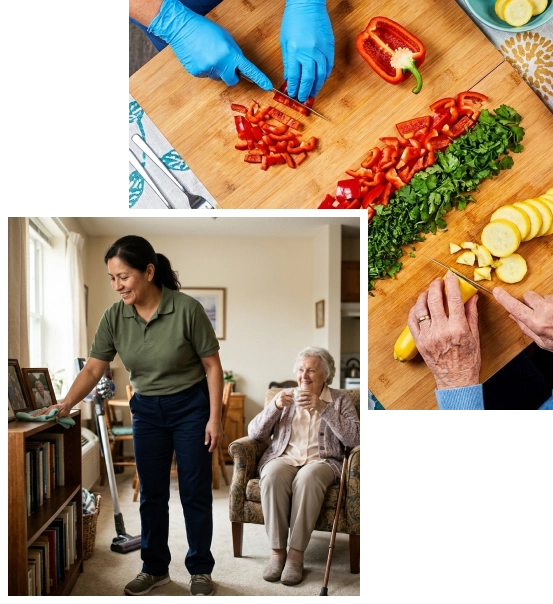 Caregiver preparing meals during live-in support at home.