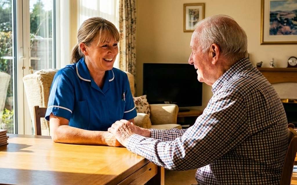 Caregiver providing personal care services in California at home.