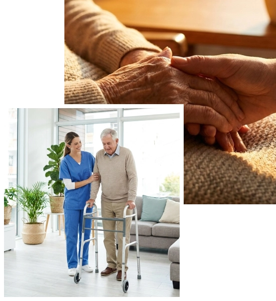 Elder home care services helping with grooming and mobility.
