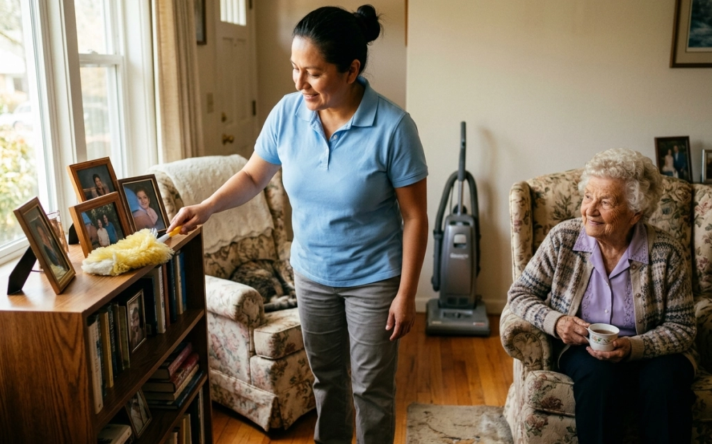 Caregiver offering homemaker services in California for seniors.