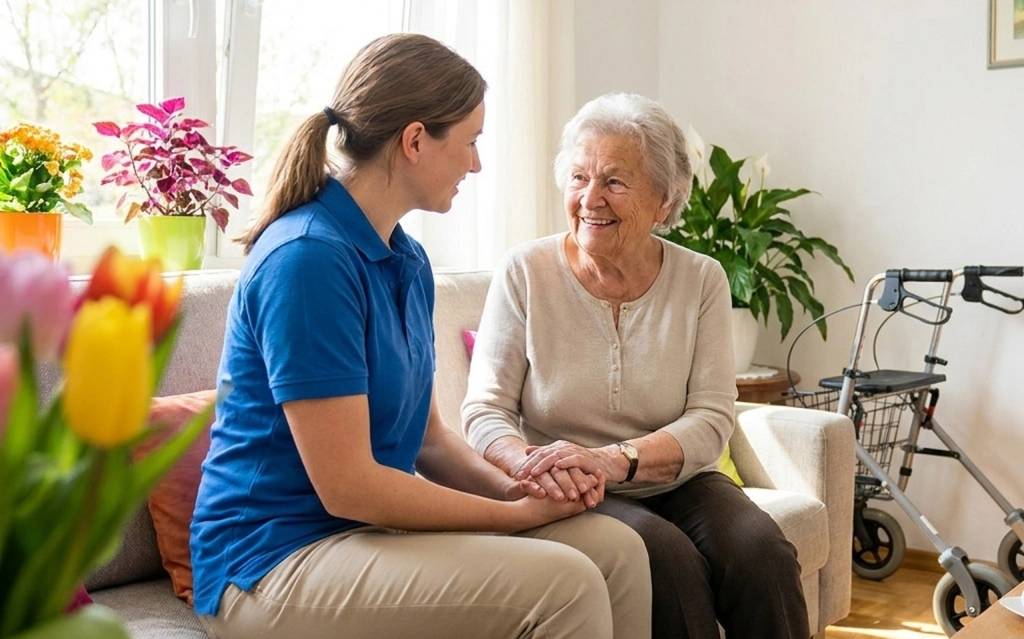 Caregiver providing companionship services in California at home.