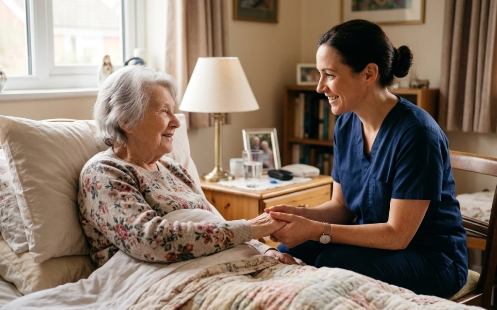 Caregiver providing bedside comfort in California for seniors.