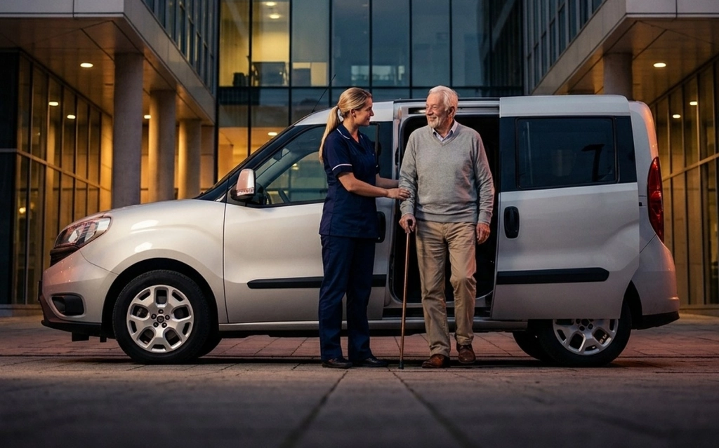 Caregiver providing senior transportation services in California.