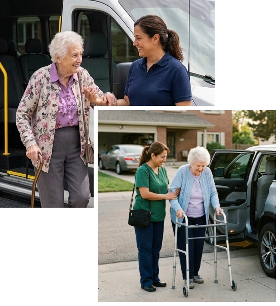 Senior arriving safely for an appointment with caregiver support.
