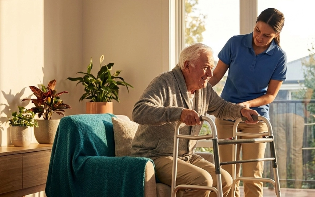 Caregiver assisting recovery through post-surgery home care services in California.