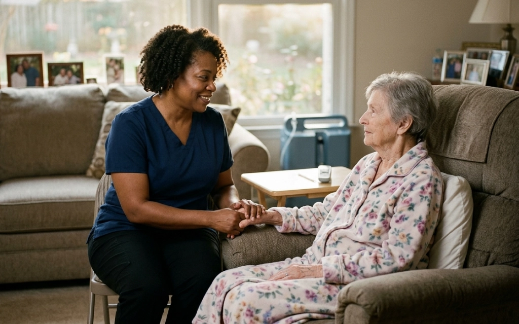 Caregiver providing hospice care support in California at home.
