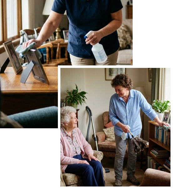 Caregiver organizing a kitchen during housekeeping support visits.