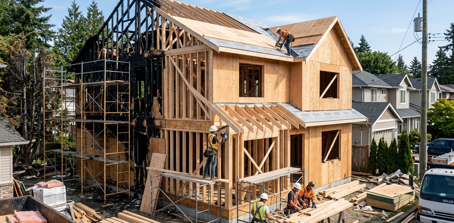 Home restoration underway after fire damage rebuilds in Los Angeles.