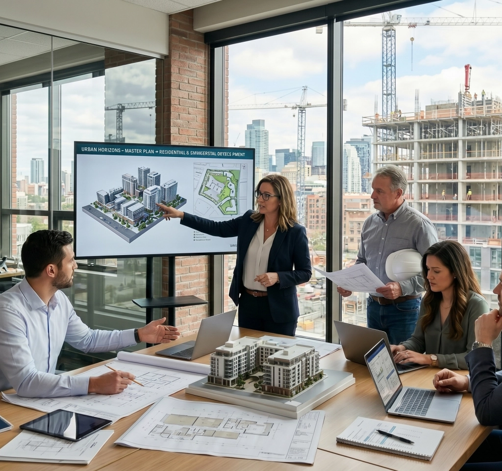 Team reviewing plans for real estate development services in Los Angeles County.